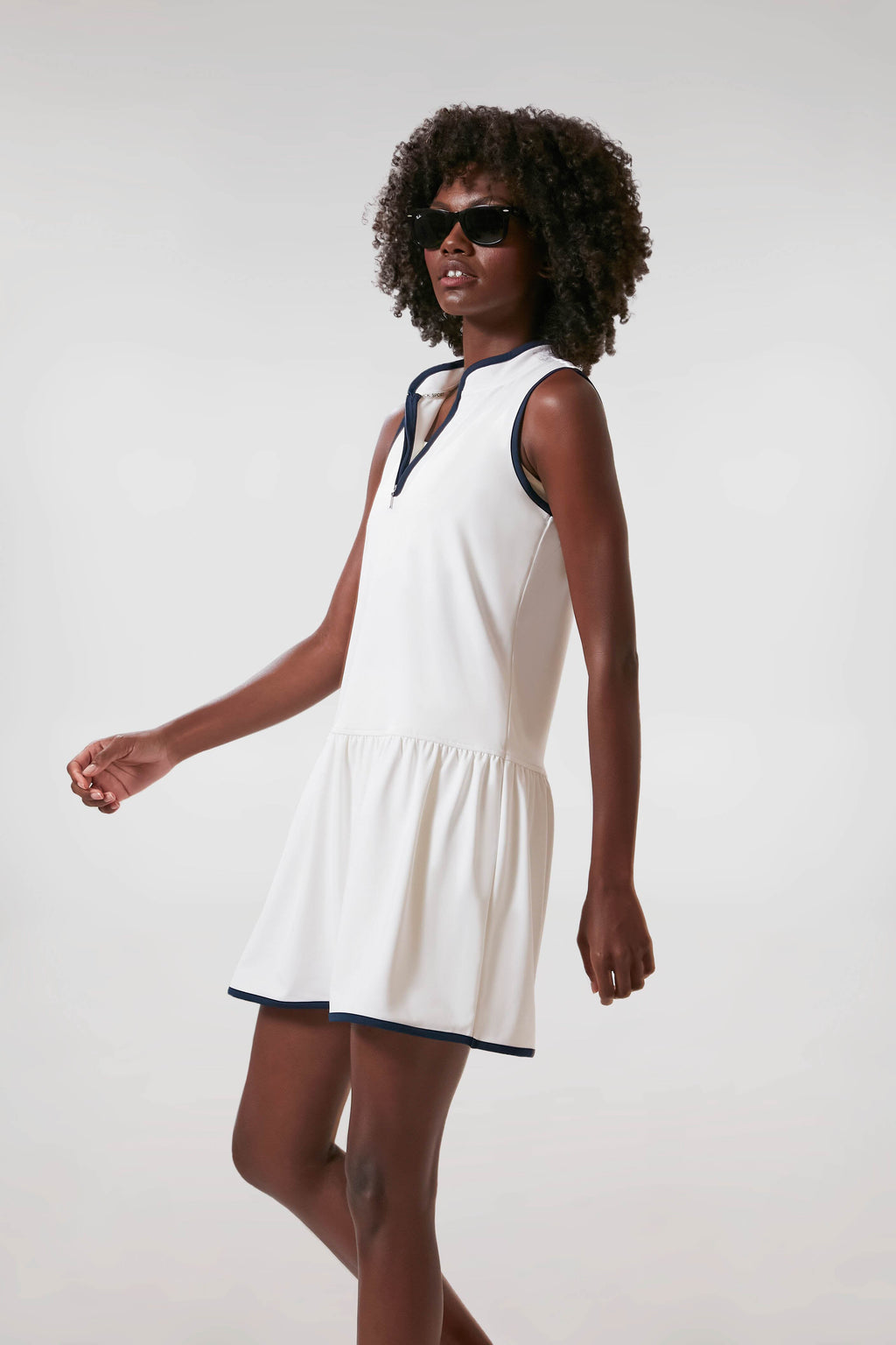 White and Navy Quarter-Zip Tennis Dress